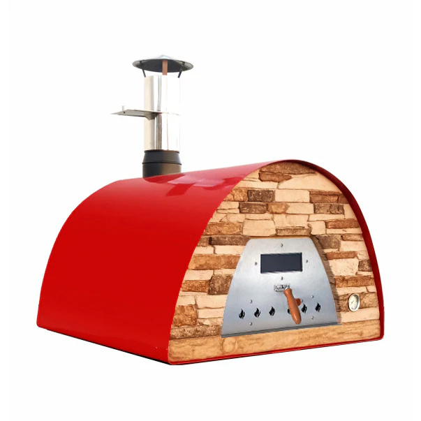 Mobiler Holzbackofen Veloce 100 in Rot mit Schieferfront in Terracotta-Optik