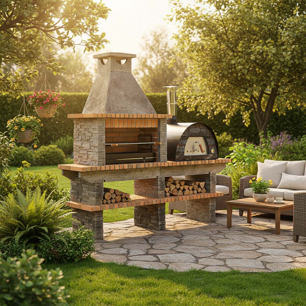 Gartengrillkamin AV240F mit Maximus Holzbackofen rechts und Brennholz in den unteren Ablagen auf einer Terrasse im Garten.