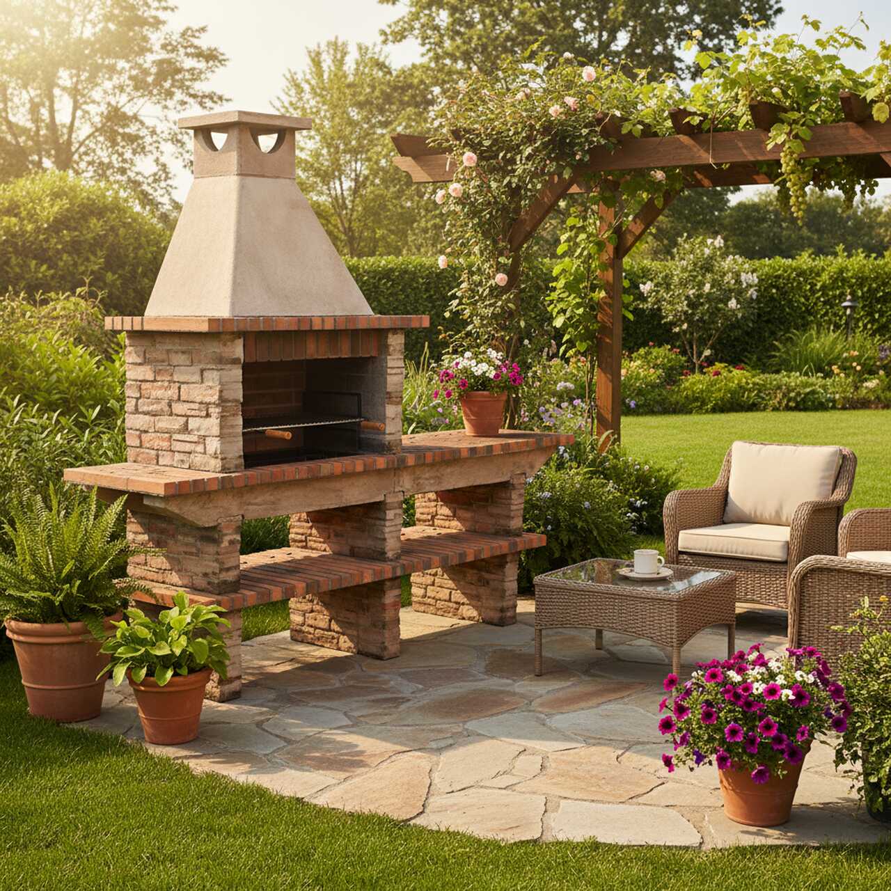 Gartengrillkamin mit seitlicher Ablage auf einer Natursteinterrasse neben einer Sitzgruppe und bepflanzten Pergola, ohne aufgestellten Backofen.