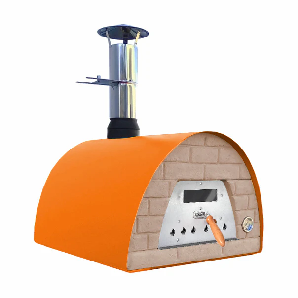Mobiler Holzbackofen Veloce 70 in Orange mit Ziegelfront in Terracotta-Optik
