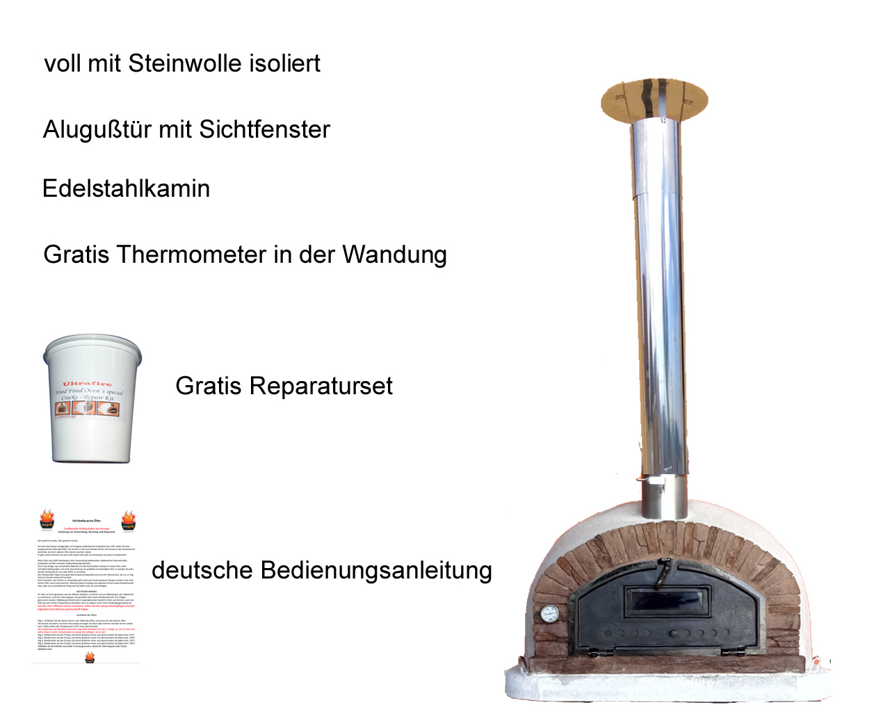 Holzbackofen Buenaventurared AL mit edelstahlkamin, Wandthermometer und Reparaturset