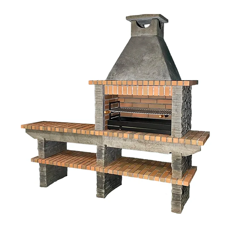 Grauer Gartengrillkamin AV240F mit Grillstelle rechts, freier Arbeitsfläche links und durchgehender unterer Ablage, ohne aufgestellten Backofen.