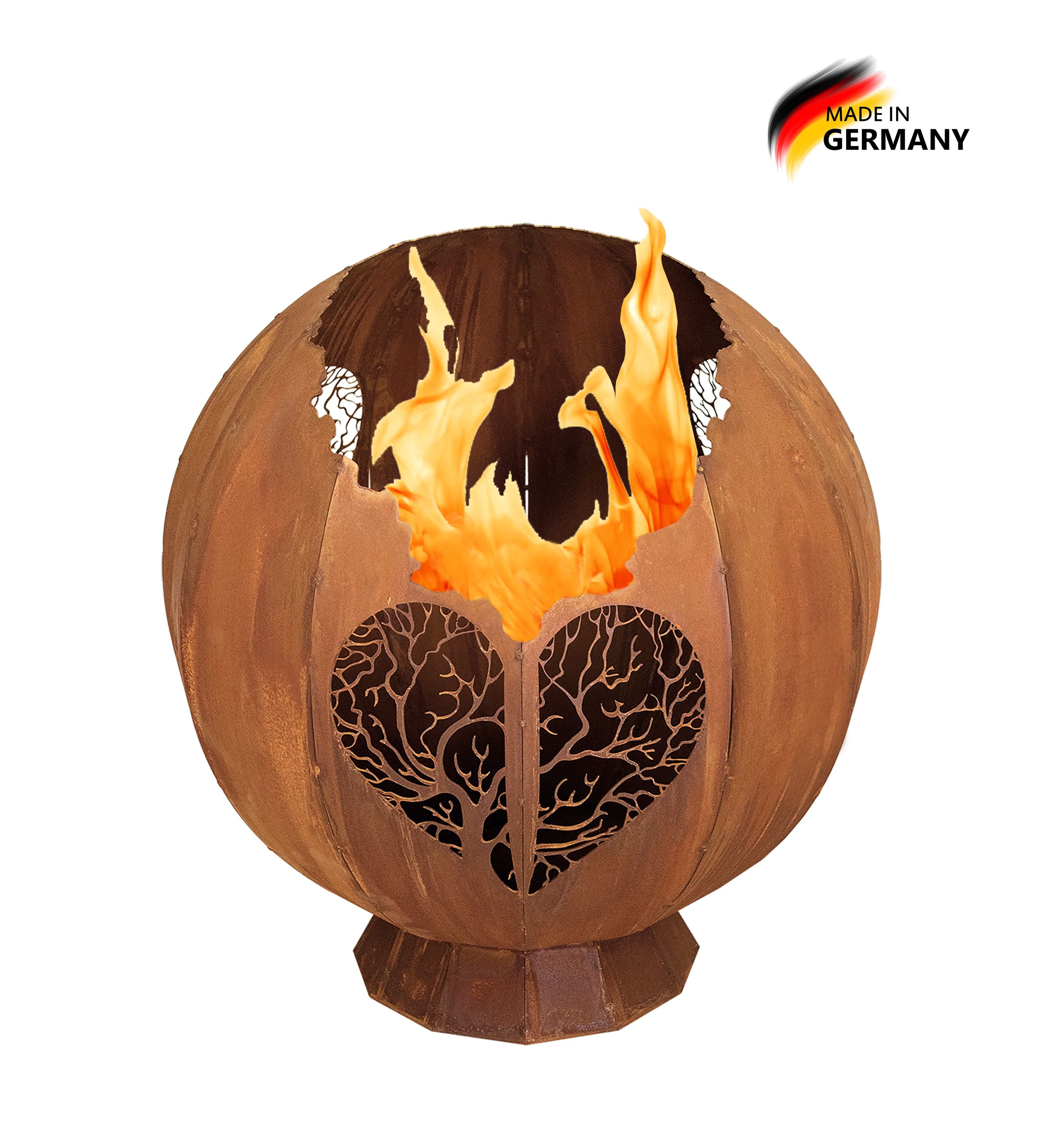 Feuerkugel aus Edelrost mit Herz- und Lebensader-Motiv und sichtbarem Flammenspiel