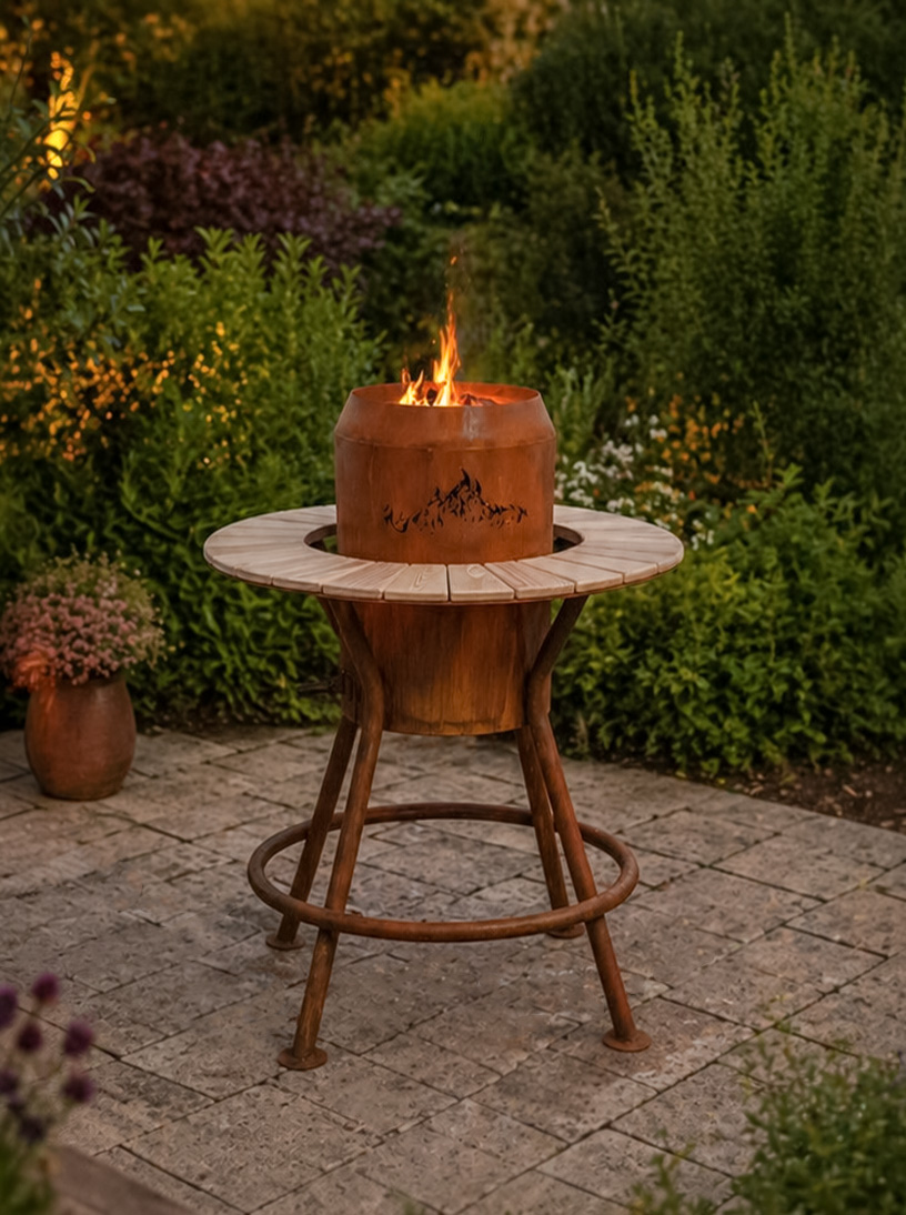 Stehtischofen aus Edelrost mit runder Holzablage und brennender Feuerstelle im Garten