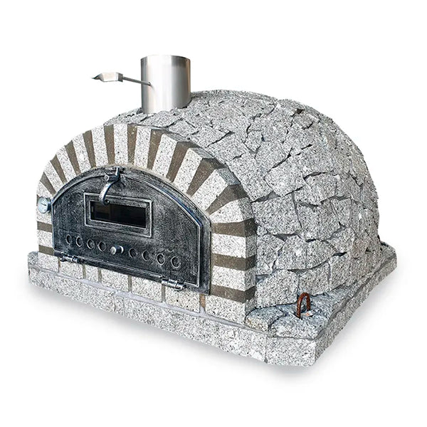 Holzbackofen Palermo 100 cm in seitlicher Ansicht mit grauer Steinoptik und gewölbter Kuppel