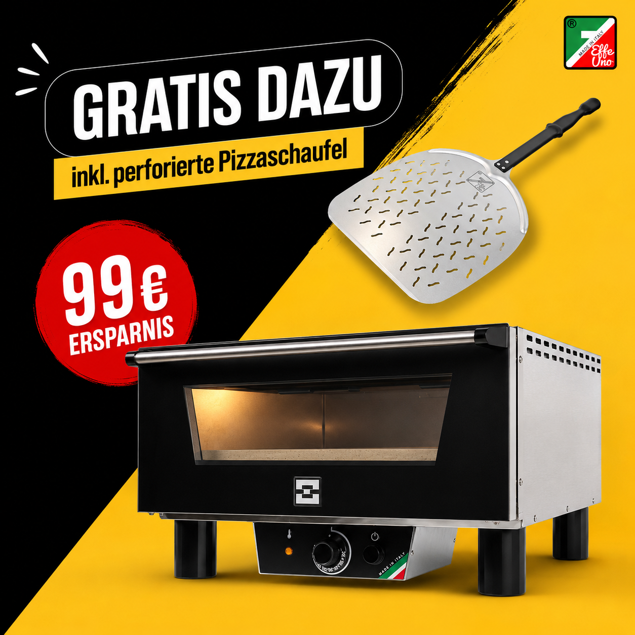 Werbebild zur EffeUno-Sommeraktion für den EffeOvens N4 Pizzaofen mit Gratiszubehör und 99 Euro Ersparnis.