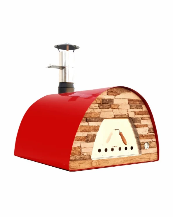 Roter Maximus Prime Arena Holzbackofen mit Steinfront, Ofentür, integriertem Thermometer und Edelstahlkamin, schräg von vorne dargestellt.