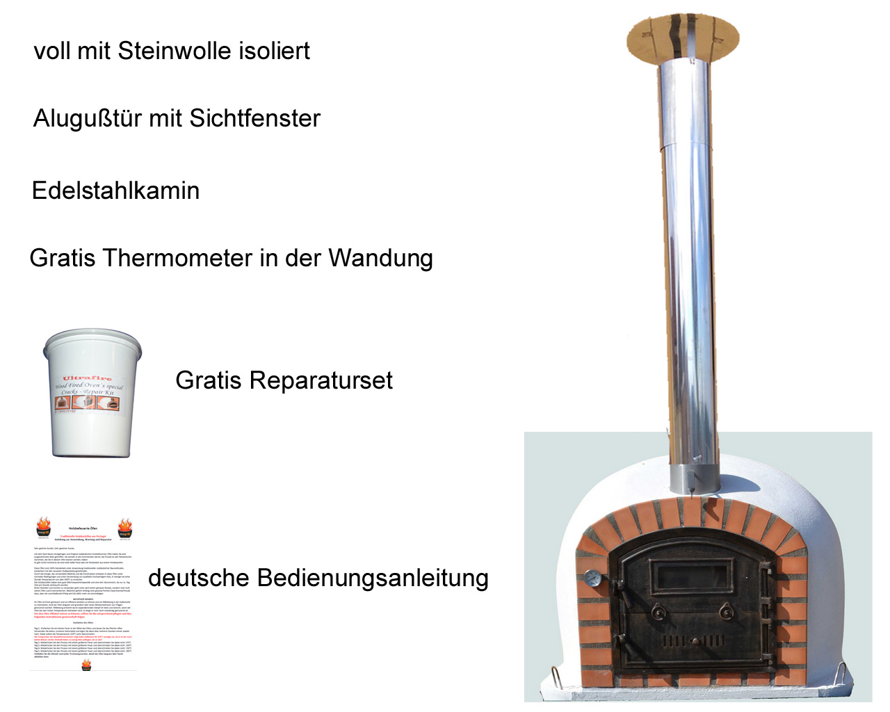 Holzbackofen Perfetto AL mit Edelstahlkamin und Regenhut, Wandthermometer und Reaparturset für Haarrisse