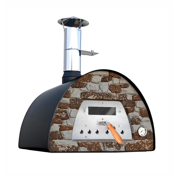 Mobiler Holzbackofen Veloce 70 in Schwarz mit Natursteinfront für Garten und Terrasse