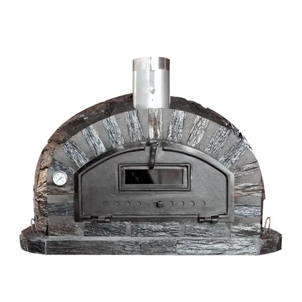 Holzbackofen Bari AL 100 in schwarzer Steinoptik mit Alugußtür und Thermometer