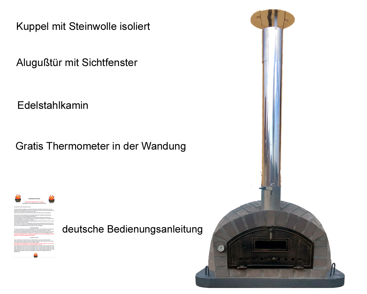 Holzbackofen Majella AL 110 mit Übersicht zu Kuppelisolierung, Alugußtür, Edelstahlkamin und Thermometer