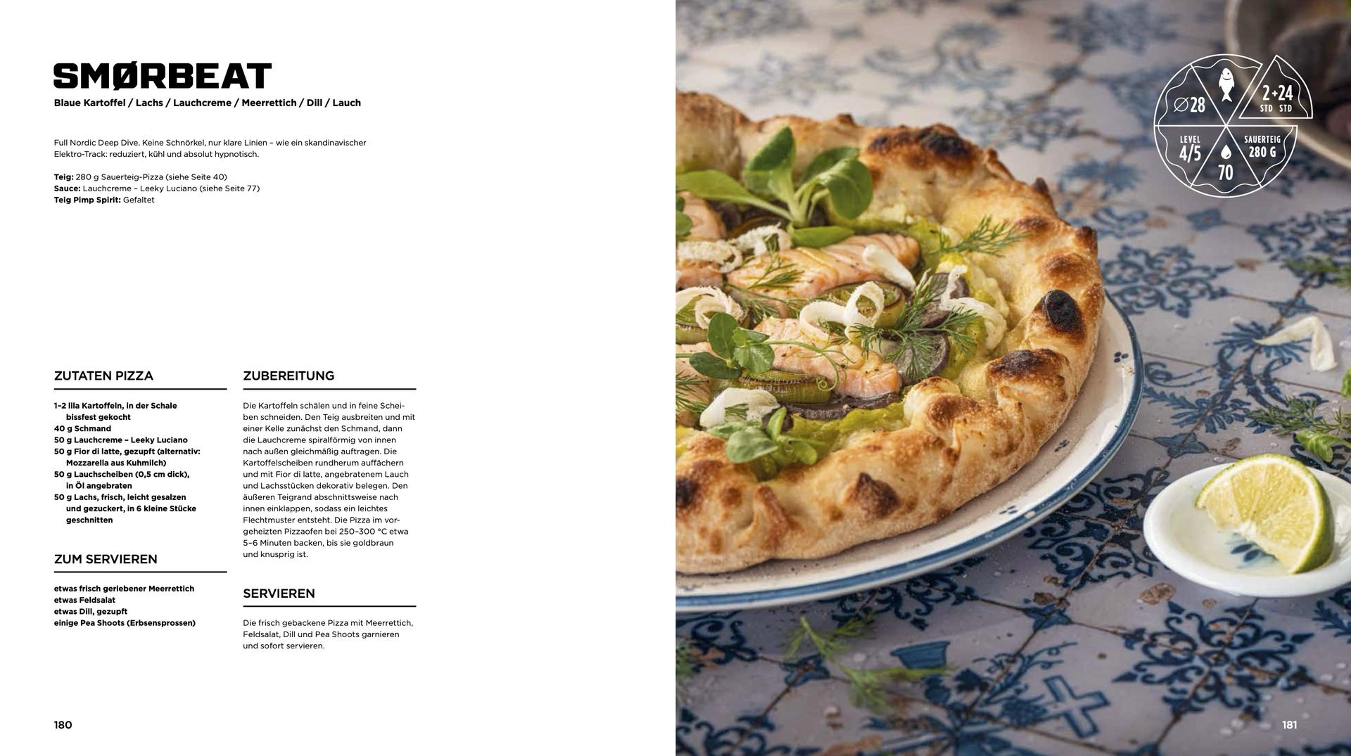 Rezeptseite für die Pizza „Smørrebeat“ mit Zubereitungshinweisen und Foto einer hell belegten Pizza