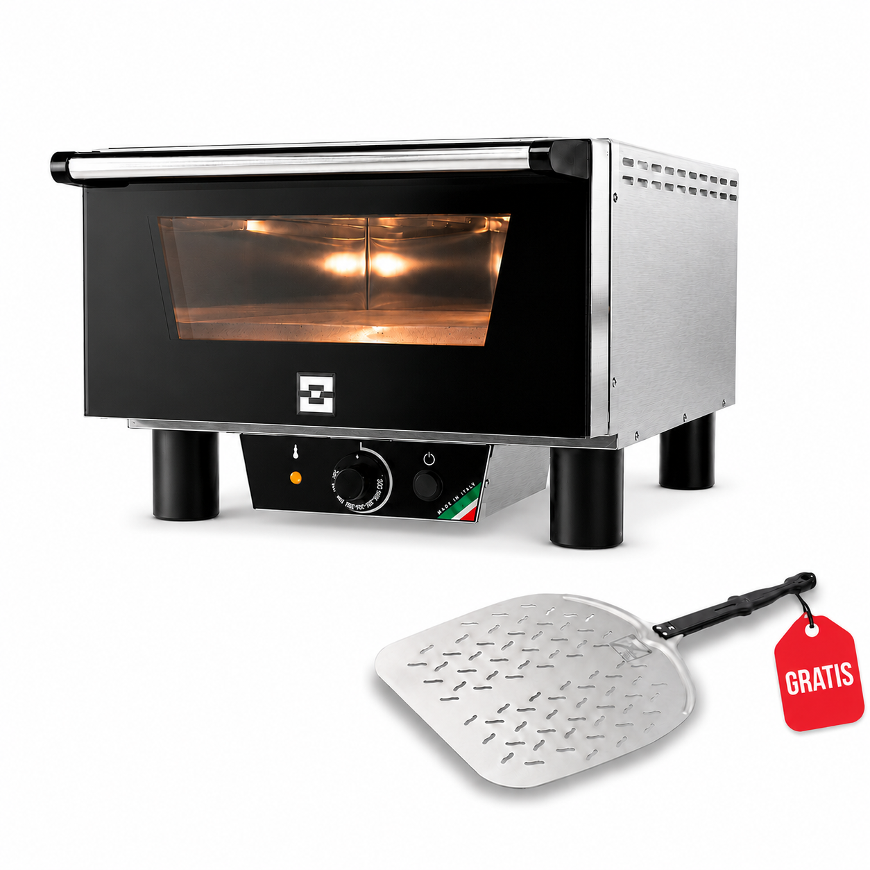 EffeOvens N3 Pizzaofen mit Pizzaschaufel als Gratiszubehör auf weißem Hintergrund.
