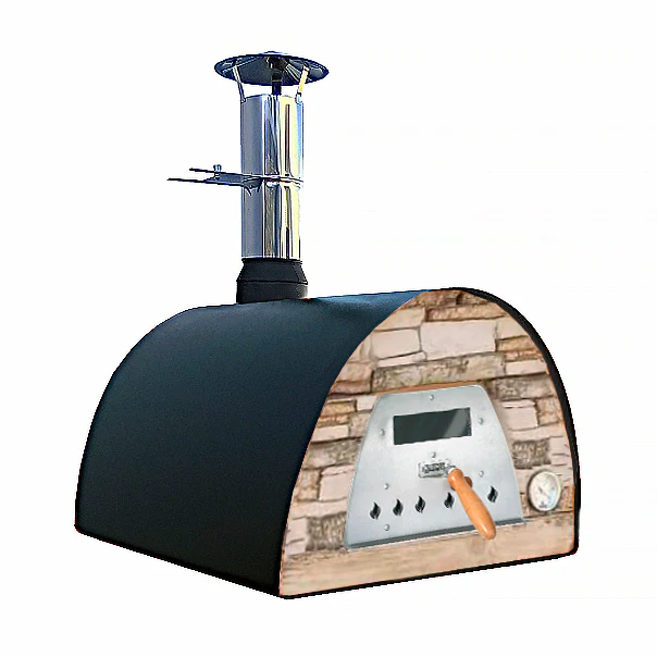 Mobiler Holzbackofen Veloce 70 in Schwarz mit Schieferfront in Terracotta-Optik