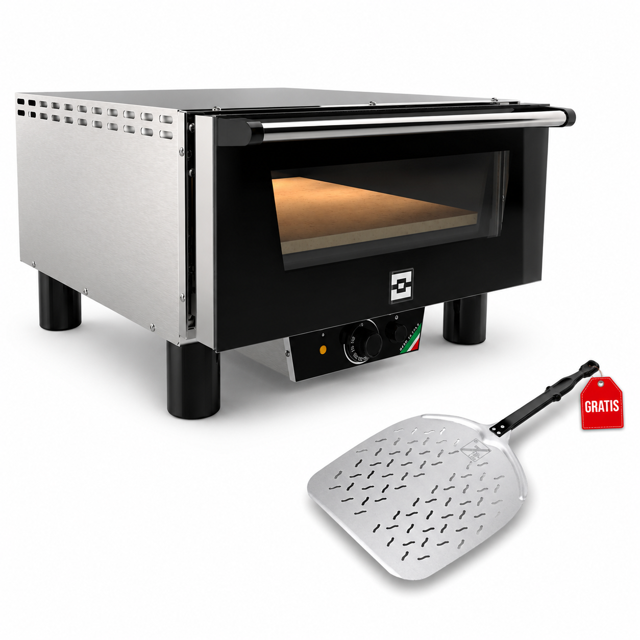 EffeOvens N4 Pizzaofen mit Pizzaschaufel als Gratiszubehör auf weißem Hintergrund.