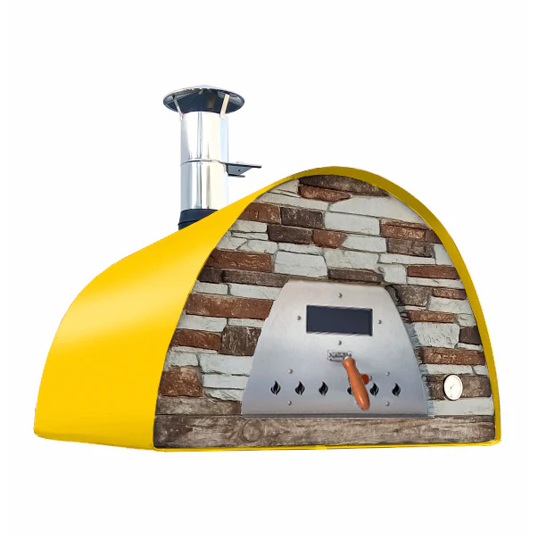 Mobiler Holzbackofen Veloce 100 in Gelb mit schwarzer Schieferfront