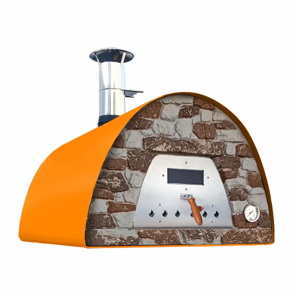 Mobiler Holzbackofen Veloce 100 in Orange mit Natursteinfront für Garten und Terrasse