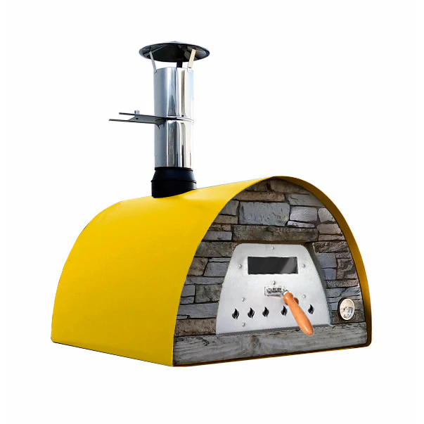 Mobiler Holzbackofen Veloce 70 in Gelb mit schwarzer Schieferfront
