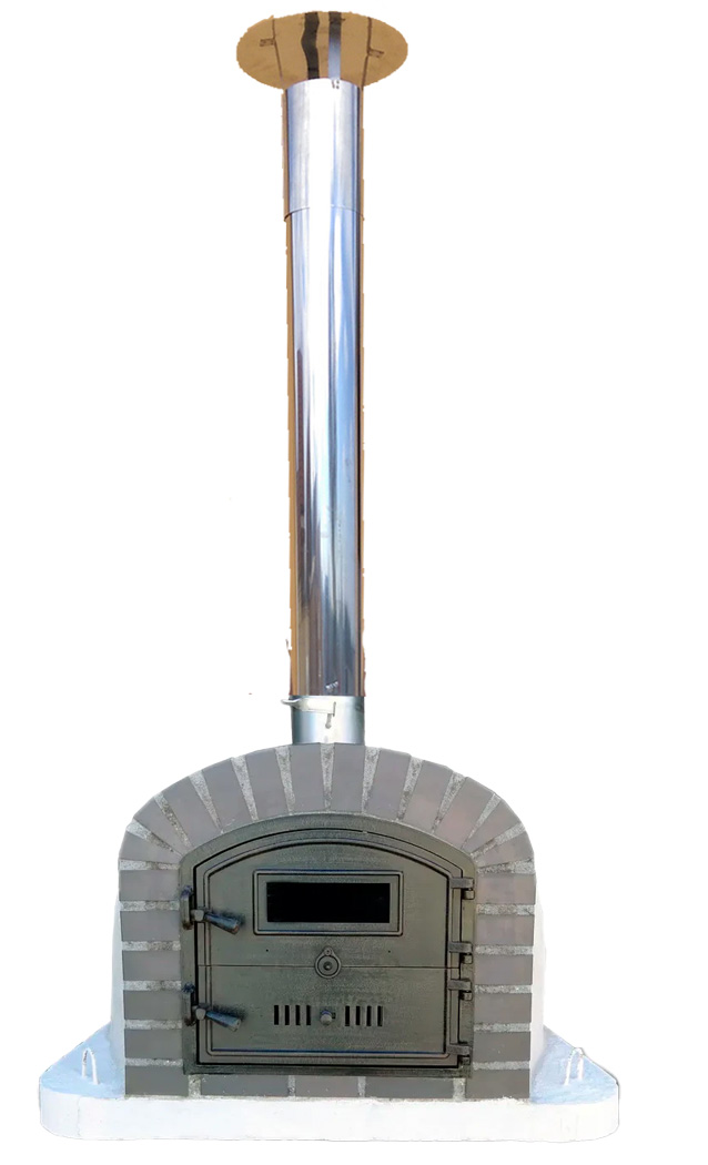 Holzbackofen Firenze AL mit grauer Front, Alugußtür, Thermometer und Edelstahlkamin