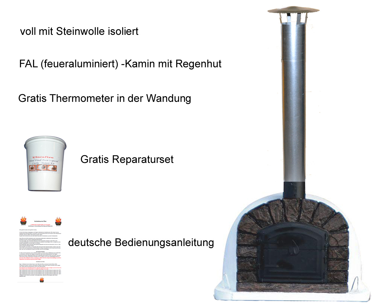 Holzbackofen Famosi mit Zubehör wie Wand-Thermoimeter, Reparaturset und einer duetschen Bedienungsanleitung