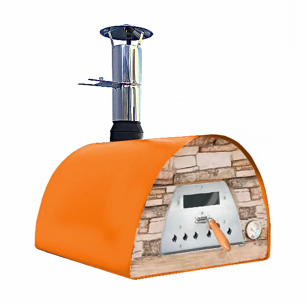 Mobiler Holzbackofen Veloce 70 in Orange mit Schieferfront in Terracotta-Optik
