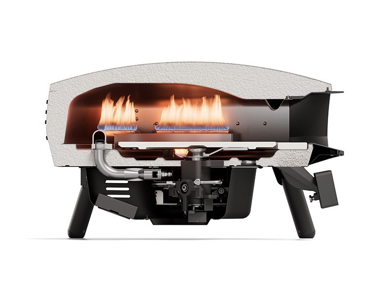Transparente Produktansicht des Pizzaofens mit Darstellung des seitlichen Gasbrenners und der Technik unter dem rotierenden Pizzastein.