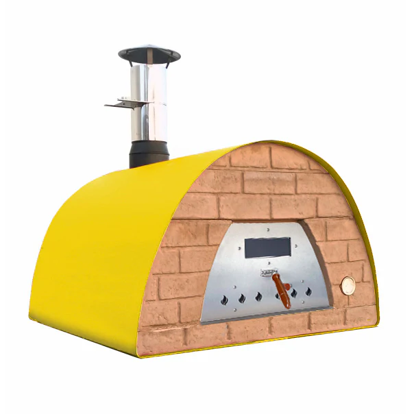 Mobiler Holzbackofen Veloce 100 in Gelb mit Ziegelfront in Terracotta-Optik