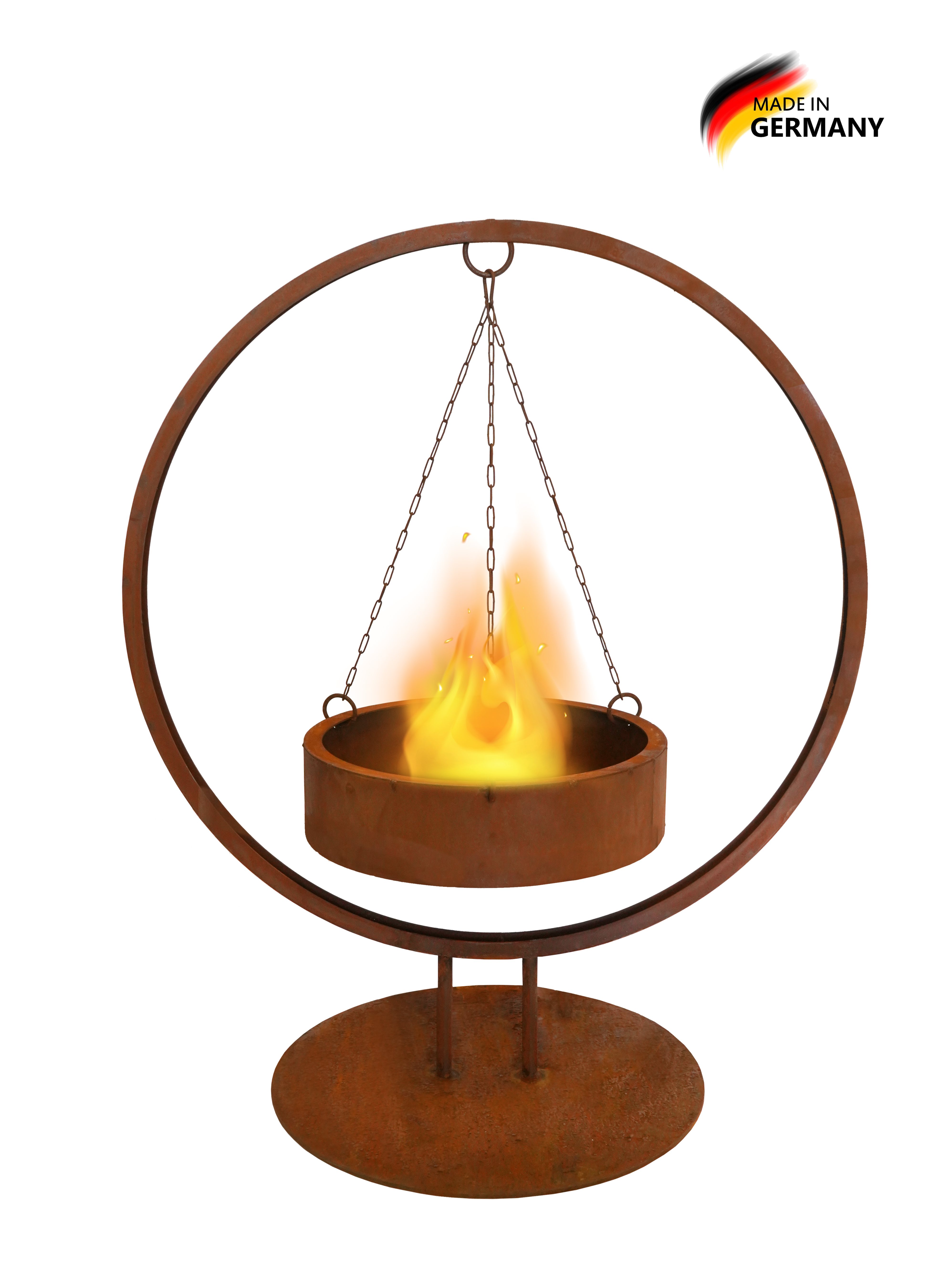 Feuerstelle Graz aus Edelrost mit hängender Feuerschale und sichtbarem Flammenspiel