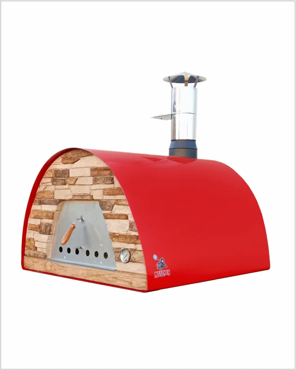 Mobiler Maximus Prime Arena Holzbackofen in Rot mit gewölbtem Aluminiumdach, Steinfront, Ofentür, Thermometer und Edelstahlkamin.