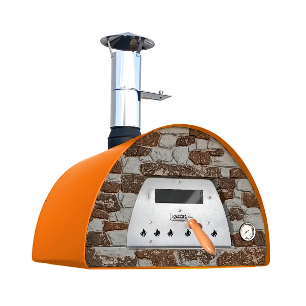 Mobiler Holzbackofen Veloce 70 in Orange mit Natursteinfront für Garten und Terrasse
