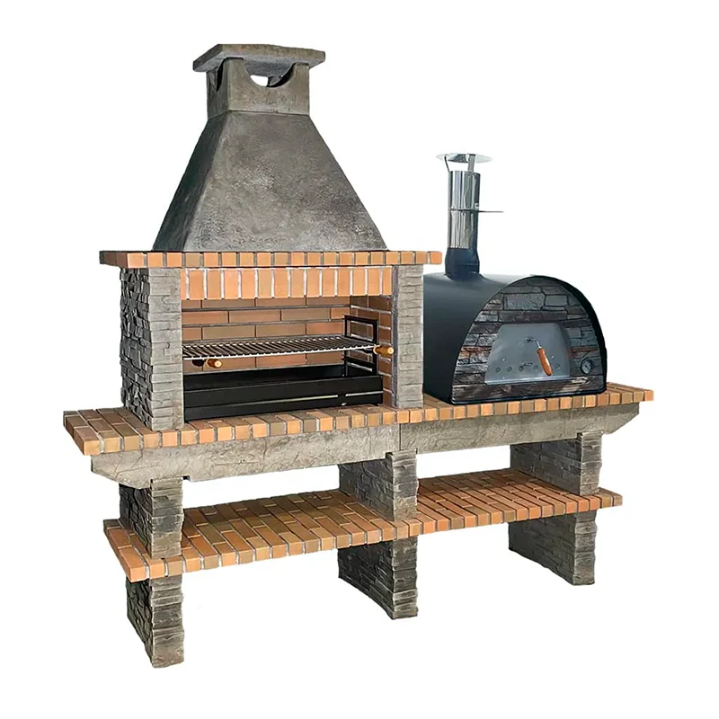 Gartengrillkamin AV240F mit Grillstelle links, Maximus Holzbackofen rechts und offenen Ablageflächen unter der Arbeitsplatte.