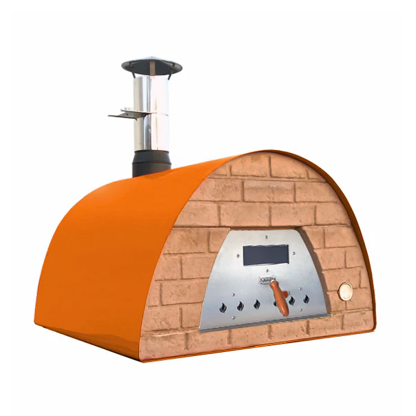 Mobiler Holzbackofen Veloce 100 in Orange mit Ziegelfront in Terracotta-Optik