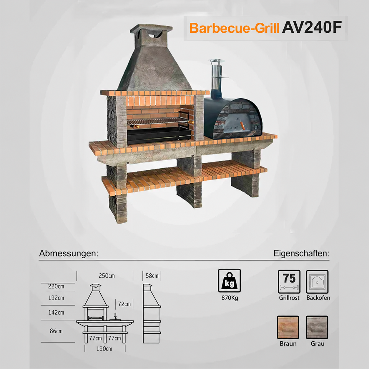 Gartengrillkamin AV240F mit Maximus Holzbackofen, Maßzeichnung mit 250 cm Breite, 58 cm Tiefe und 220 cm Höhe sowie Farbmustern in Braun und Grau.