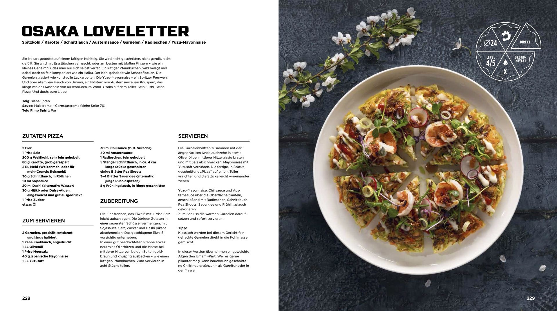 Rezeptseite für die Pizza „Osaka Levelletter“ mit Zutaten, Anleitung und Foto der fertigen Pizza