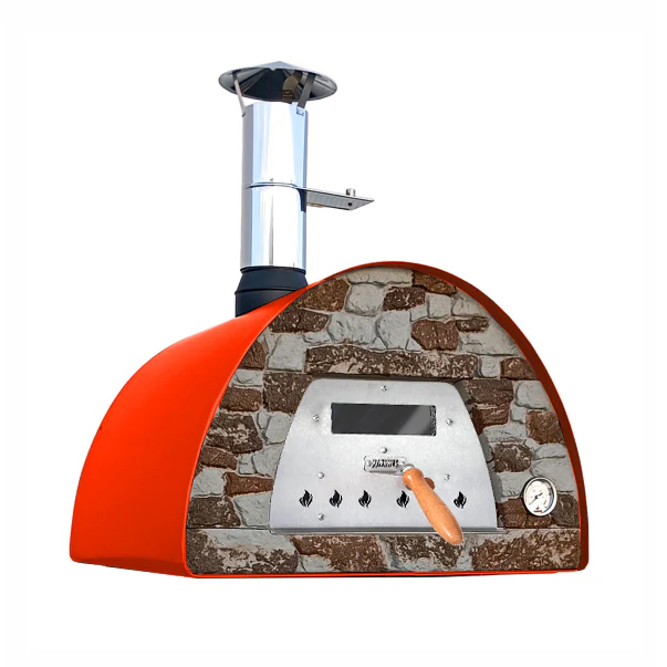 Mobiler Holzbackofen Veloce 70 in Rot mit Natursteinfront für Garten und Terrasse