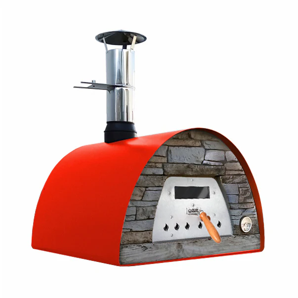 Mobiler Holzbackofen Veloce 70 in Rot mit schwarzer Schieferfront