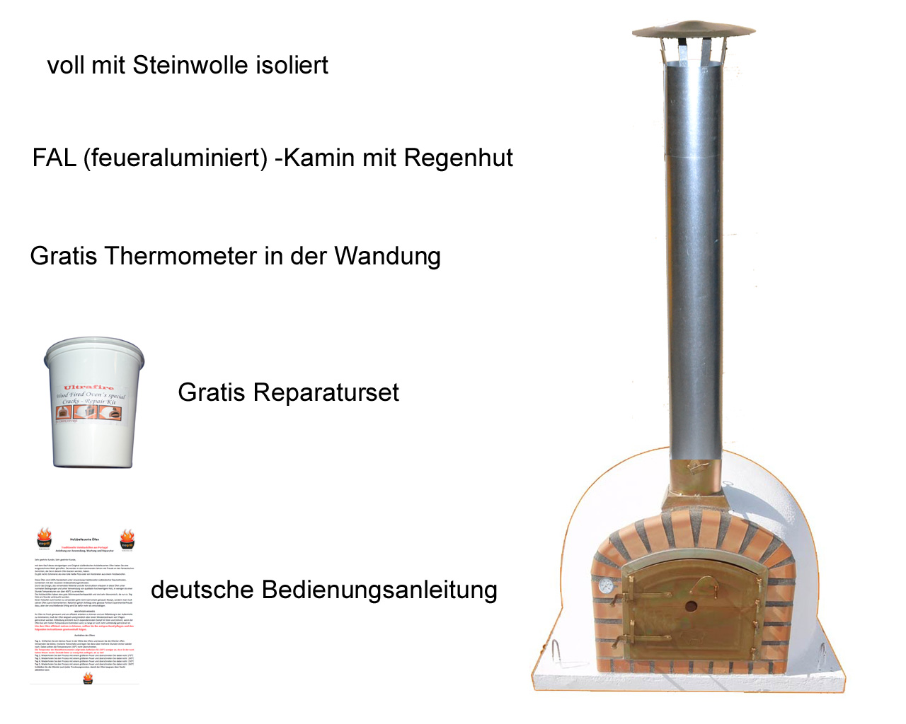 Holzbackofen Lissabon mit Kaminrohr, Regenhut, Qandthermometer und Gratis-Reparaturset