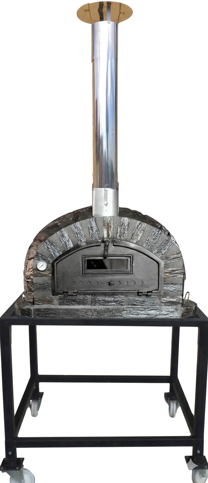 Holzbackofen Bari AL 100 in schwarzer Steinoptik auf fahrbarem Metallgestell mit Edelstahlkamin