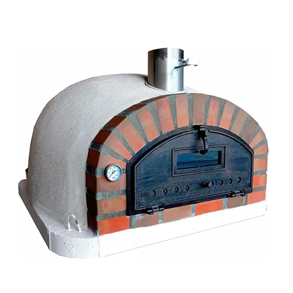 Holzbackofen Lecce AL in linker Seitenansicht mit weißer Kuppel, roter Front und Thermometer