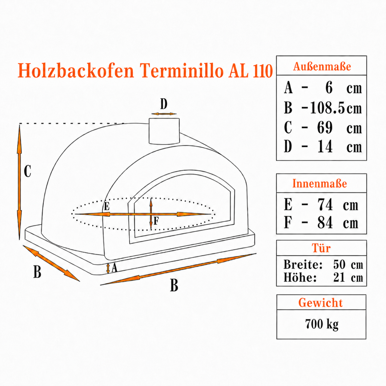 Maßzeichnung des Holzbackofens Terminillo AL 110 mit Außenmaßen, Innenmaßen, Türmaß und Gewicht