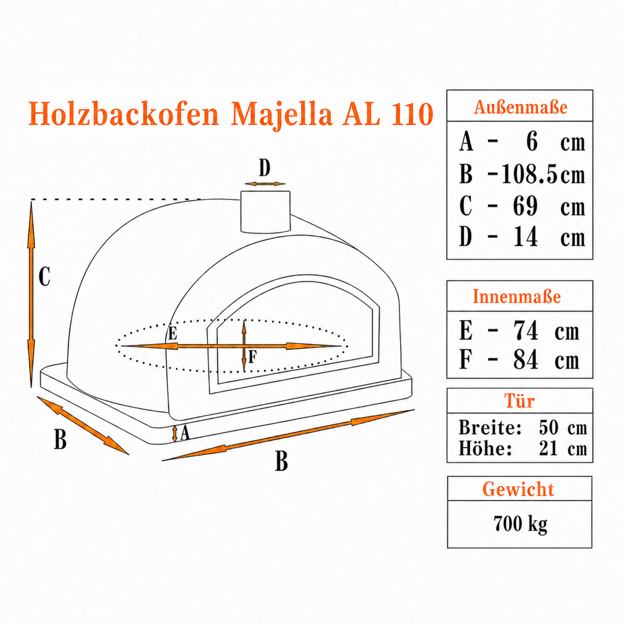 Maßzeichnung des Holzbackofens Majella AL 110 mit Außenmaßen, Innenmaßen, Türmaß und Gewicht