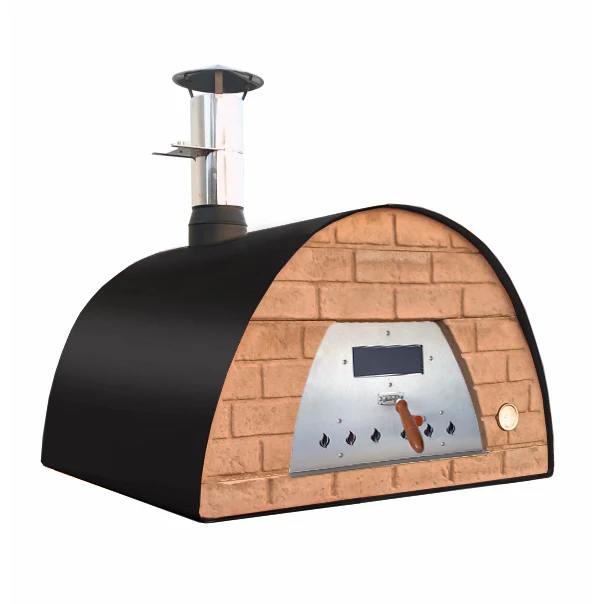 Mobiler Holzbackofen Veloce 100 in Schwarz mit Ziegelfront in Terracotta-Optik