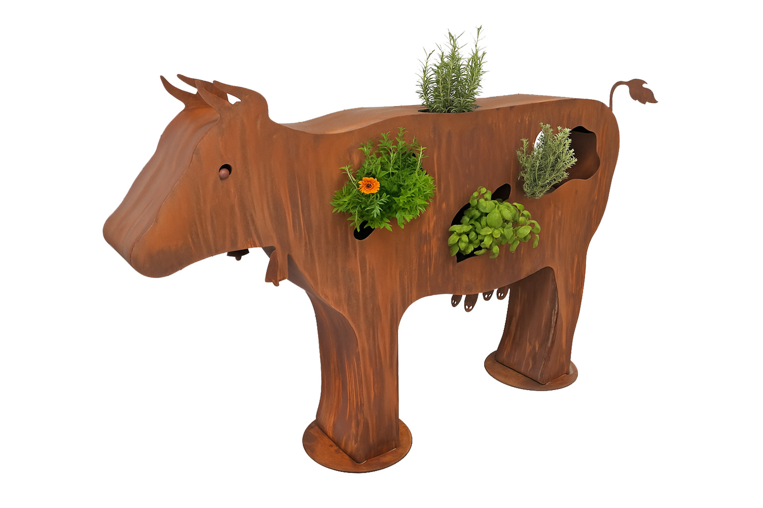 Kuh Berta aus Edelrost als Pflanzfigur mit Blumen für Garten Terrasse und Hof