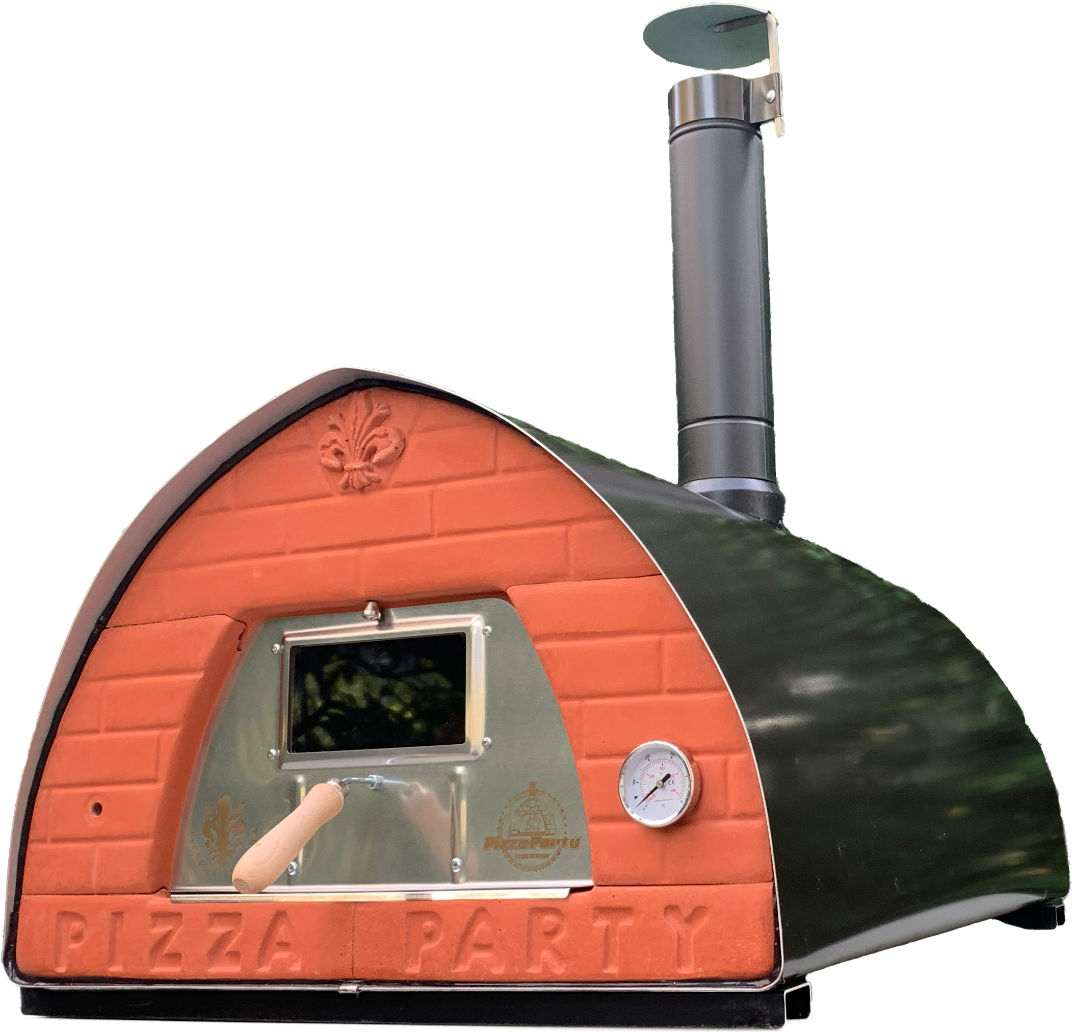 Freigestellter PizzaParty 70x70 Holzbackofen in Gunmetal mit Terrakottafront, Ofentür, Thermometer und Kamin.