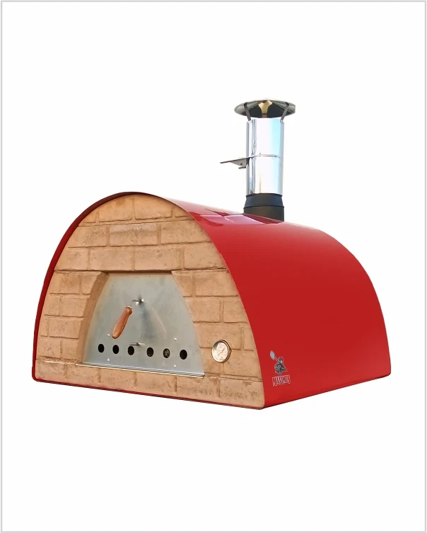 Mobiler Maximus Prime Holzbackofen in Rot mit sichtbarer rechter Seitenfläche, feuerfester Front, Ofentür und Kamin.