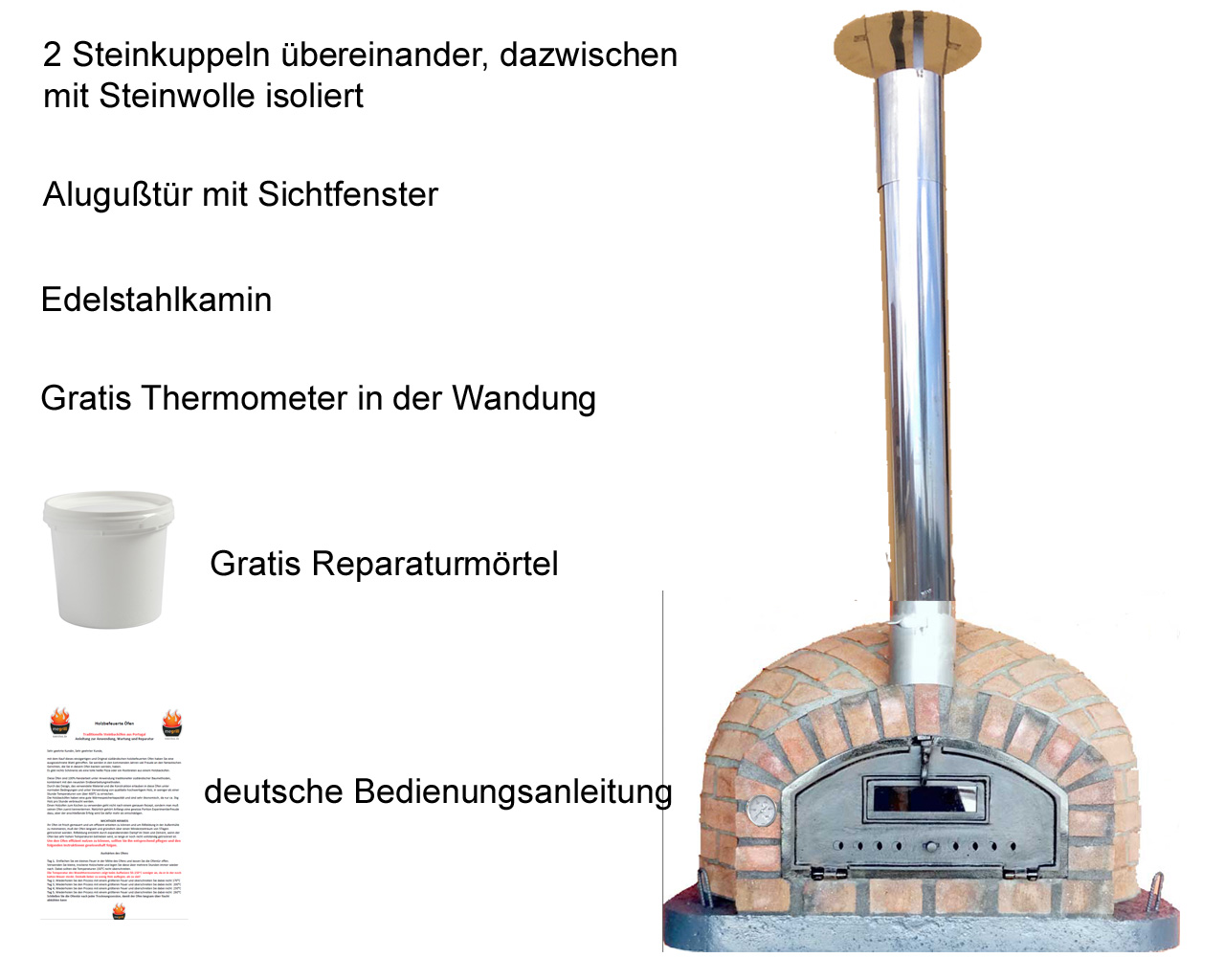 RusticPizza AL mit Edelstahlkamin, regenhut, Wandthermometer und Reparaturmörtel