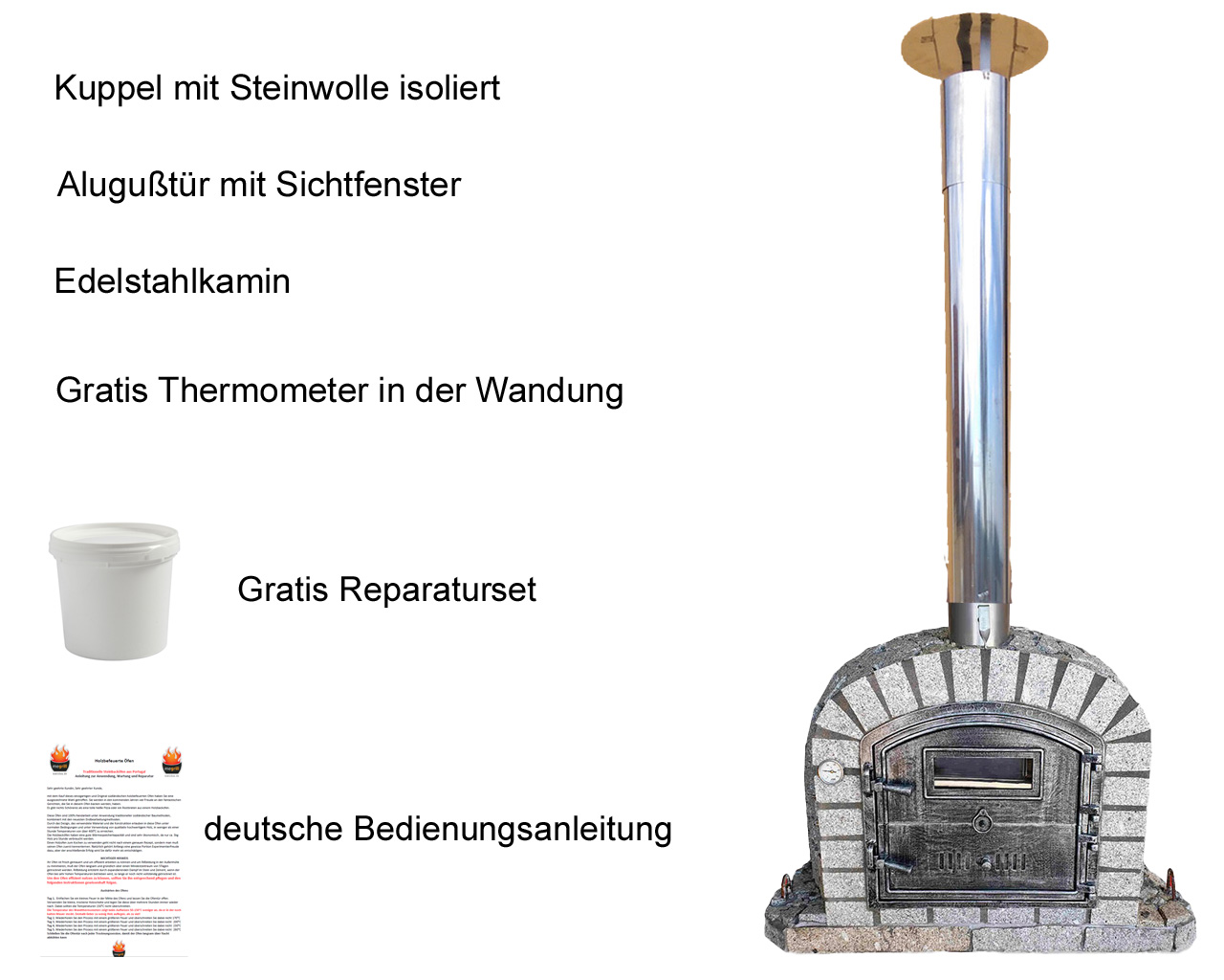 Holzbackofen Siena AL 100 mit Übersicht zu Steinwolle-Isolierung, Alugußtür, Edelstahlkamin, Thermometer und Grillspieß