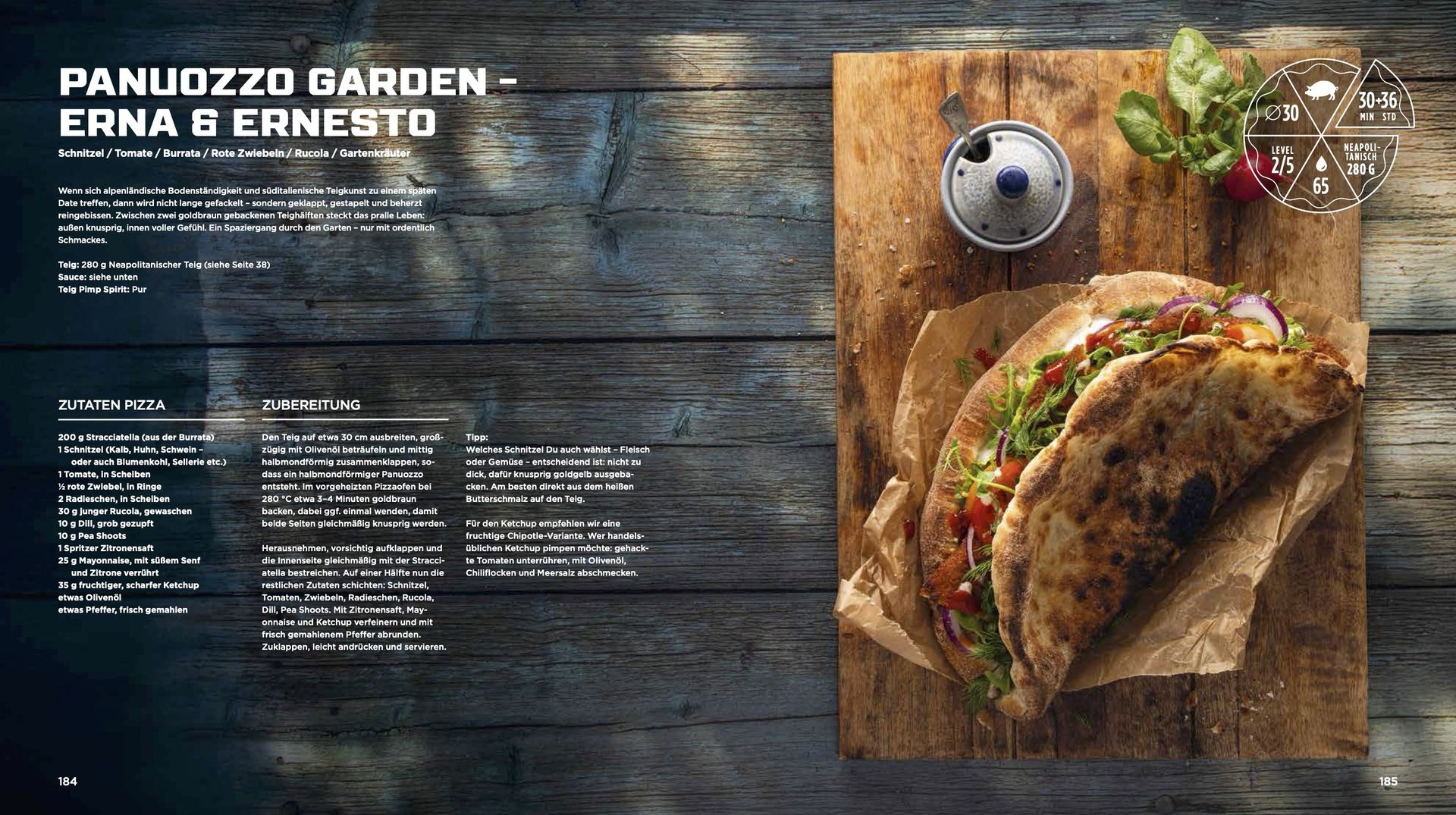 Doppelseite aus „In Pizza We Crust“ mit dem Rezept für Panuozzo Garden Erna und Ernesto
