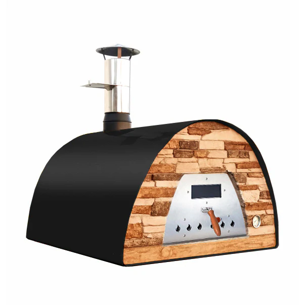 Mobiler Holzbackofen Veloce 100 in Schwarz mit Schieferfront in Terracotta-Optik