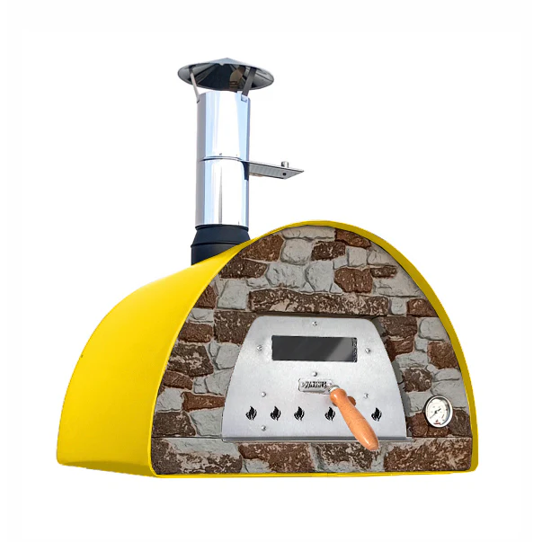 Mobiler Holzbackofen Veloce 70 in Gelb mit Natursteinfront für Garten und Terrasse